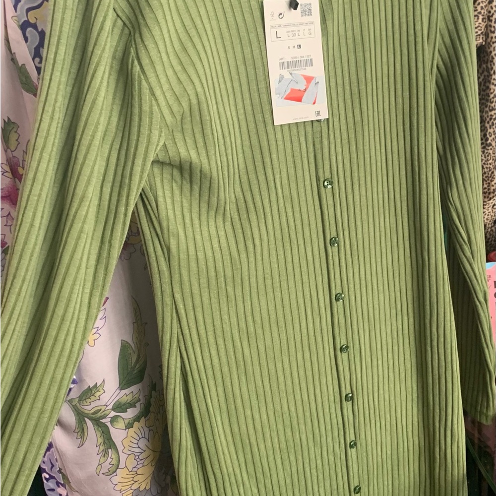 Green Ribbed Button-Front Women's Dress